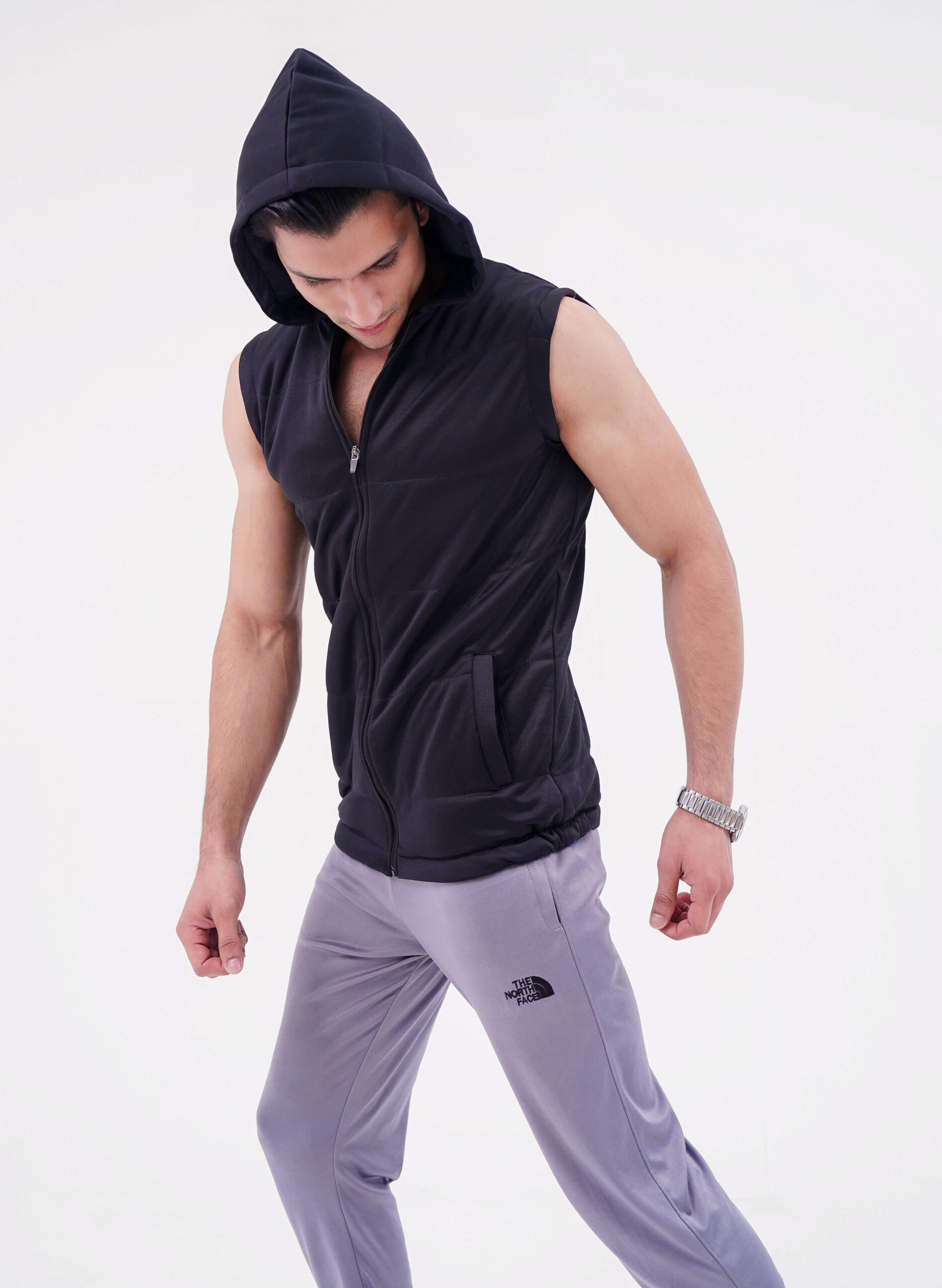 Sleeve less Zipper Hood - Black - Image 3
