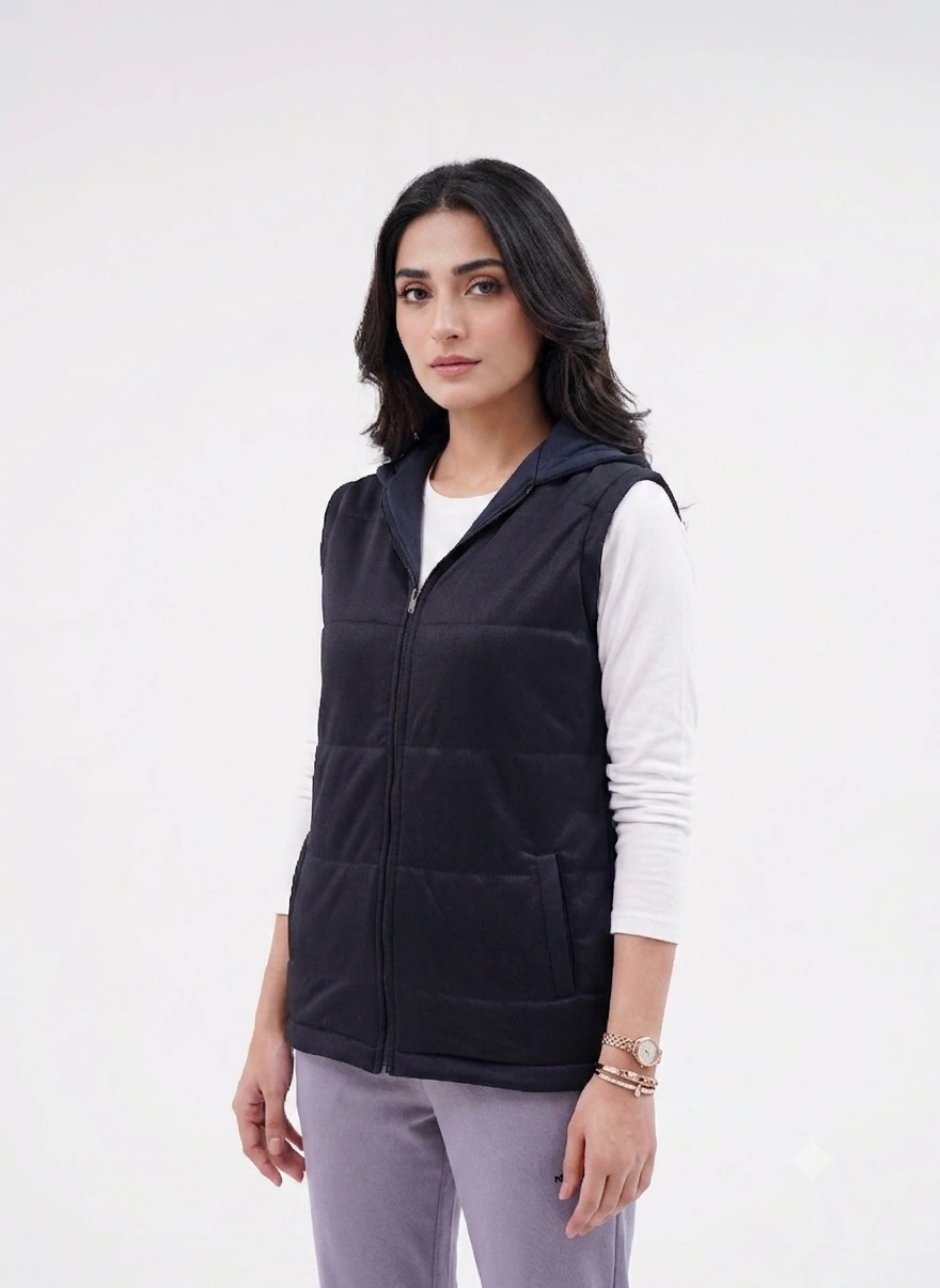 Sleeve less Zipper Hood - Black - Image 3