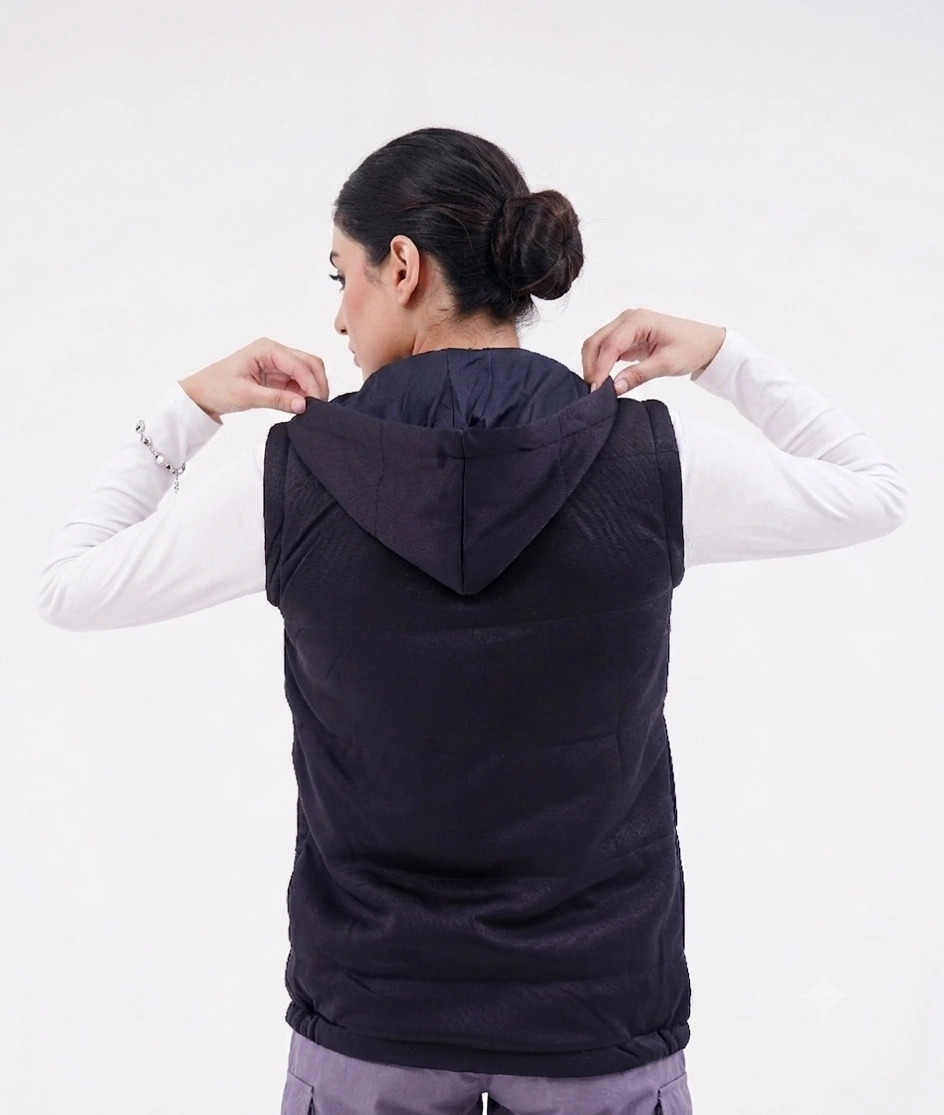Sleeve less Zipper Hood - Black - Image 2